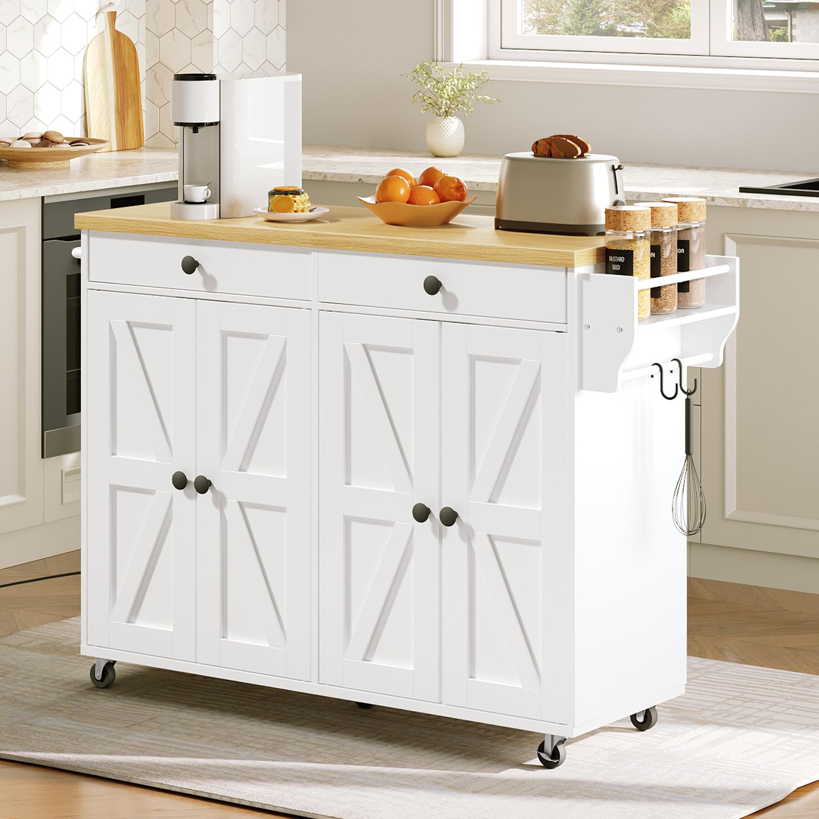 HOOBRO 110 cm Kitchen Island with Storage, Rolling Kitchen Island
